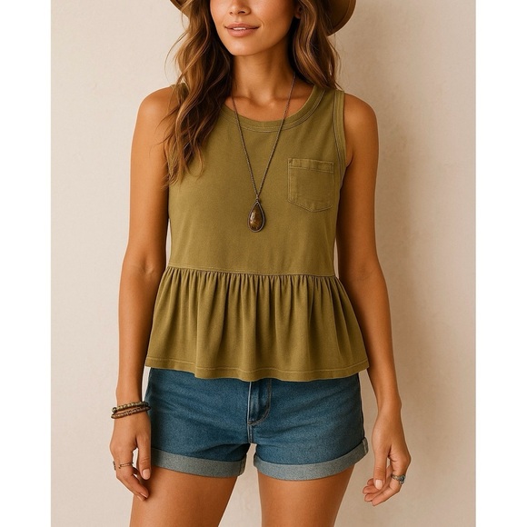 Free People Green Continental Peplum Women’s Distressed Ruffle Tank Top Sz M - Picture 1 of 12